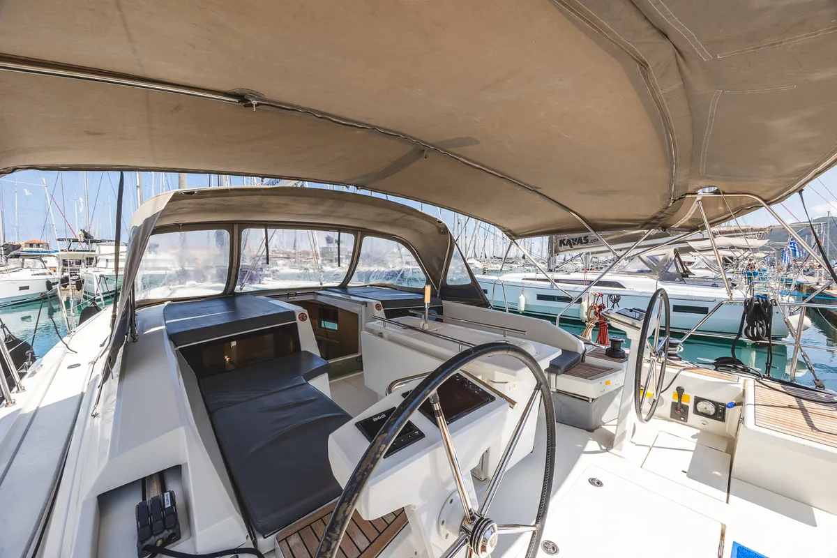Cockpit of Ellaida, a Beneteau Oceanis 46.1 sailboat at Municipal Unit of Lefkada, Greece
