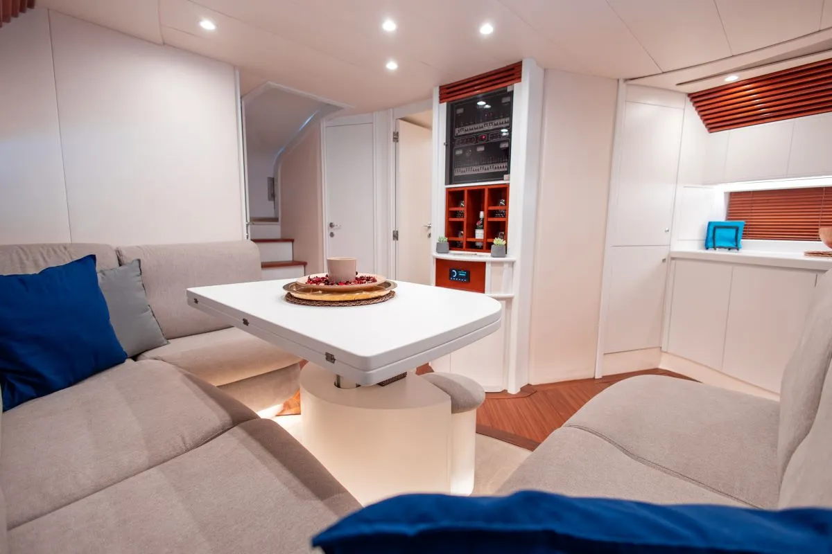 Salon of Mira, a Pershing 52 motorboat at Piraeus, Greece