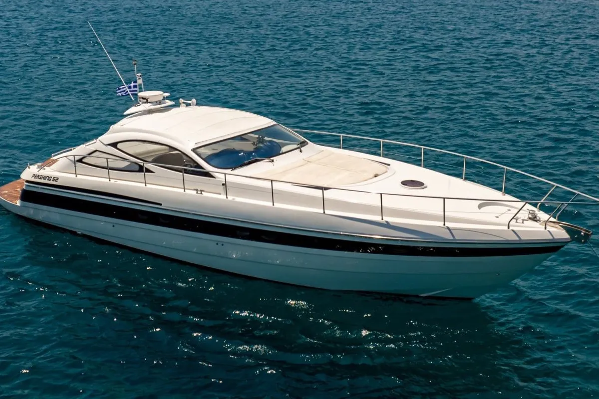 Exterior view of Mira, a Pershing 52 motorboat at Piraeus, Greece