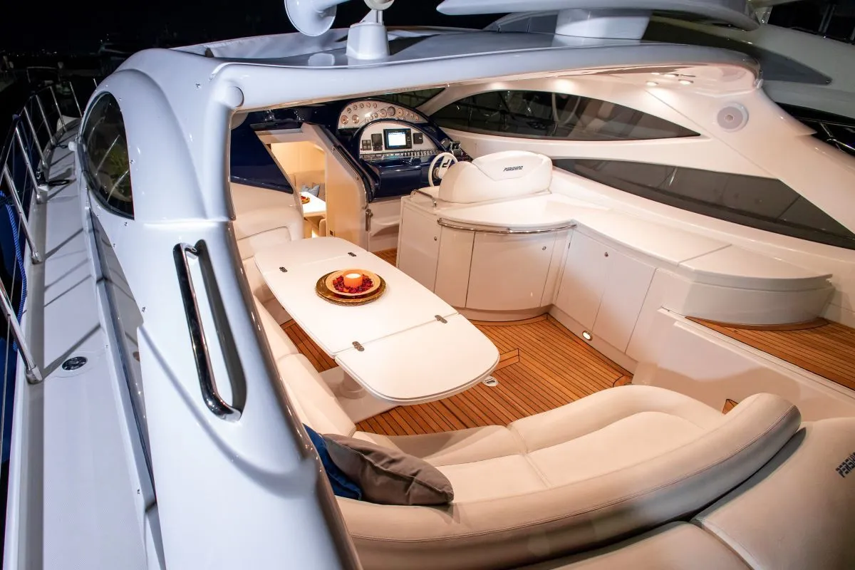 Deck of Mira, a Pershing 52 motorboat at Piraeus, Greece