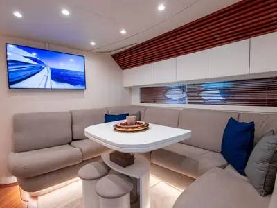Salon of Mira, a Pershing 52 motorboat at Piraeus, Greece