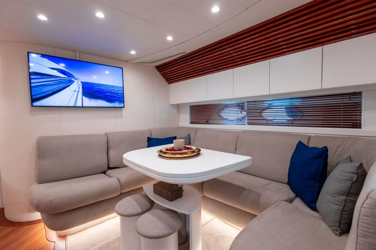 Salon of Mira, a Pershing 52 motorboat at Piraeus, Greece