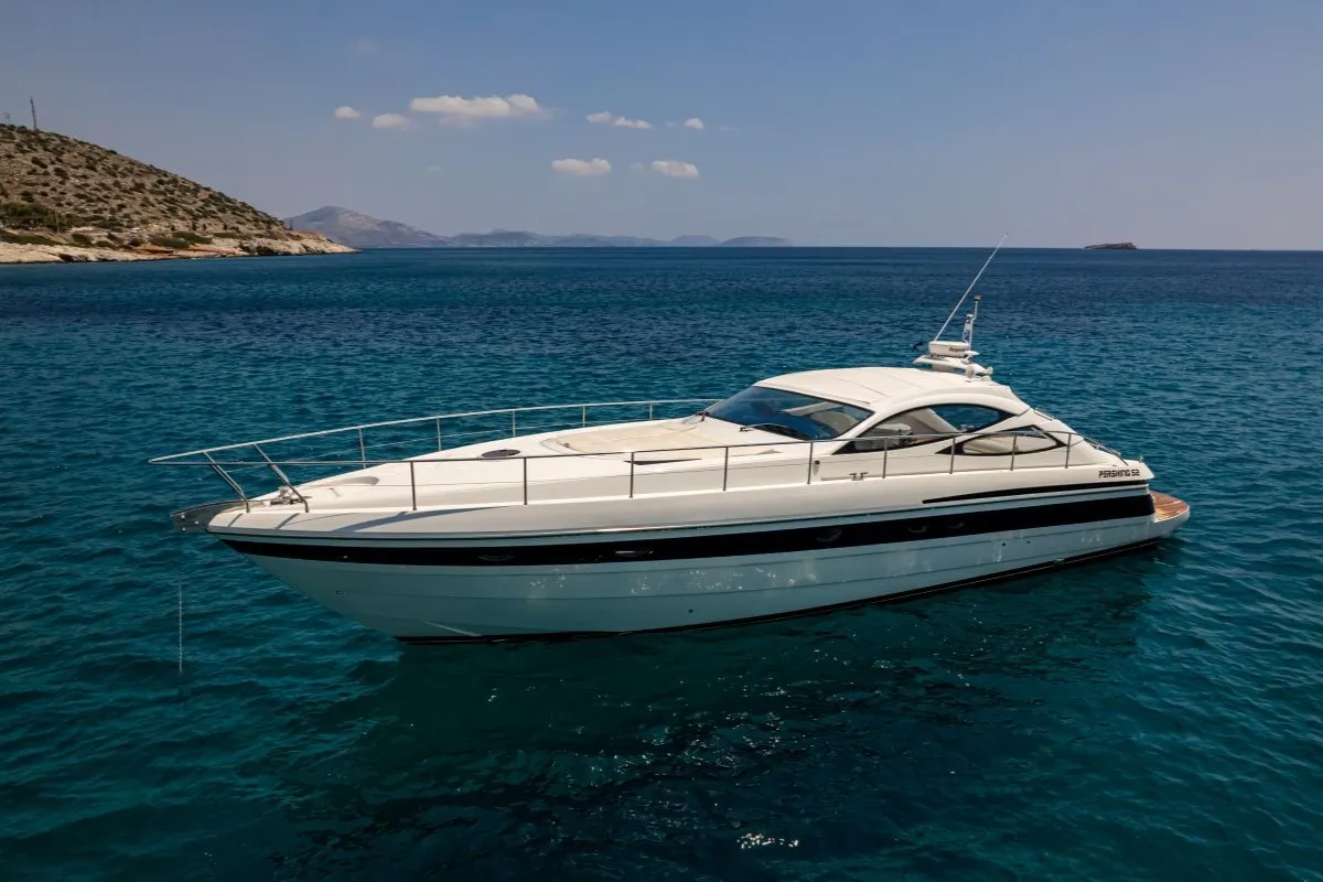 Exterior view of Mira, a Pershing 52 motorboat at Piraeus, Greece