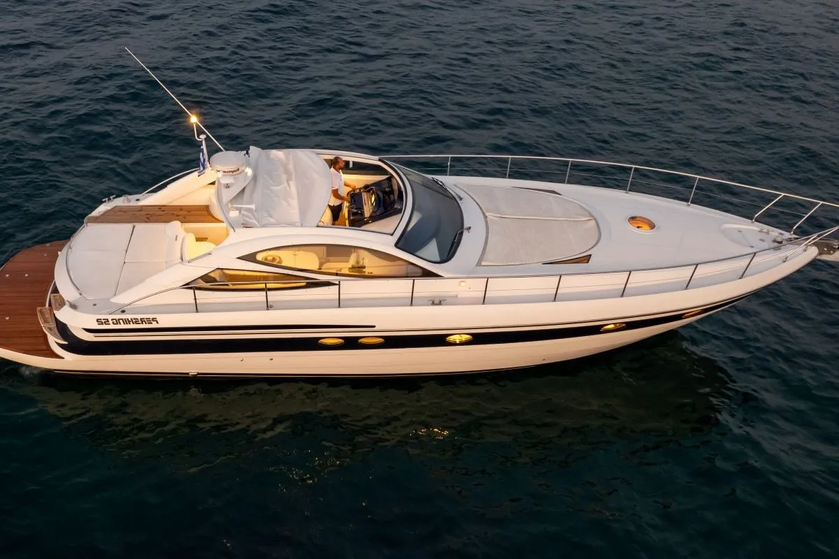 Exterior view of Mira, a Pershing 52 motorboat at Piraeus, Greece