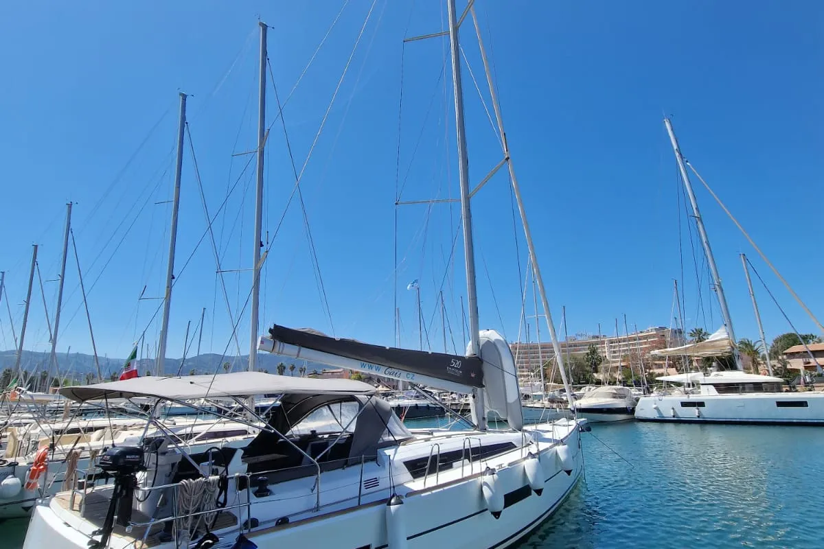 Exterior view of Sirius, a Dufour 520 GL sailboat at Tonnarella, Italy