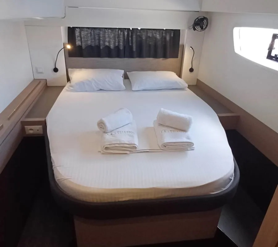 Cabin on Cicada, a Fountaine Pajot Astrea 42 catamaran at Lavrion, Greece