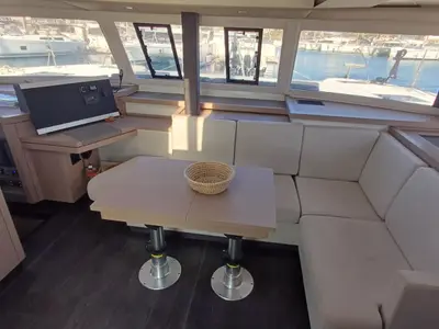 Salon of Cicada, a Fountaine Pajot Astrea 42 catamaran at Lavrion, Greece