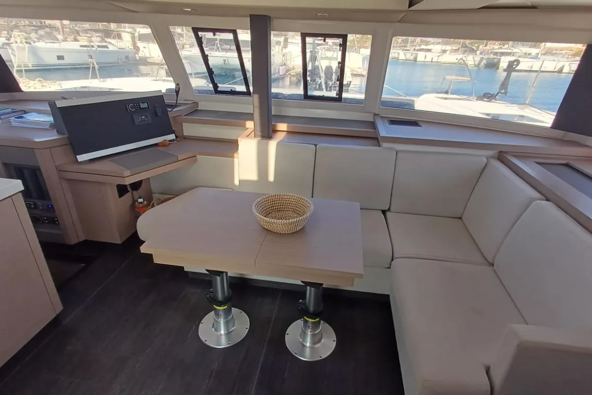 Salon of Cicada, a Fountaine Pajot Astrea 42 catamaran at Lavrion, Greece
