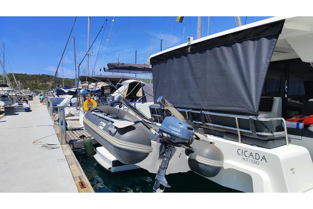 Cicada, a Fountaine Pajot Astrea 42 catamaran at Lavrion, Greece