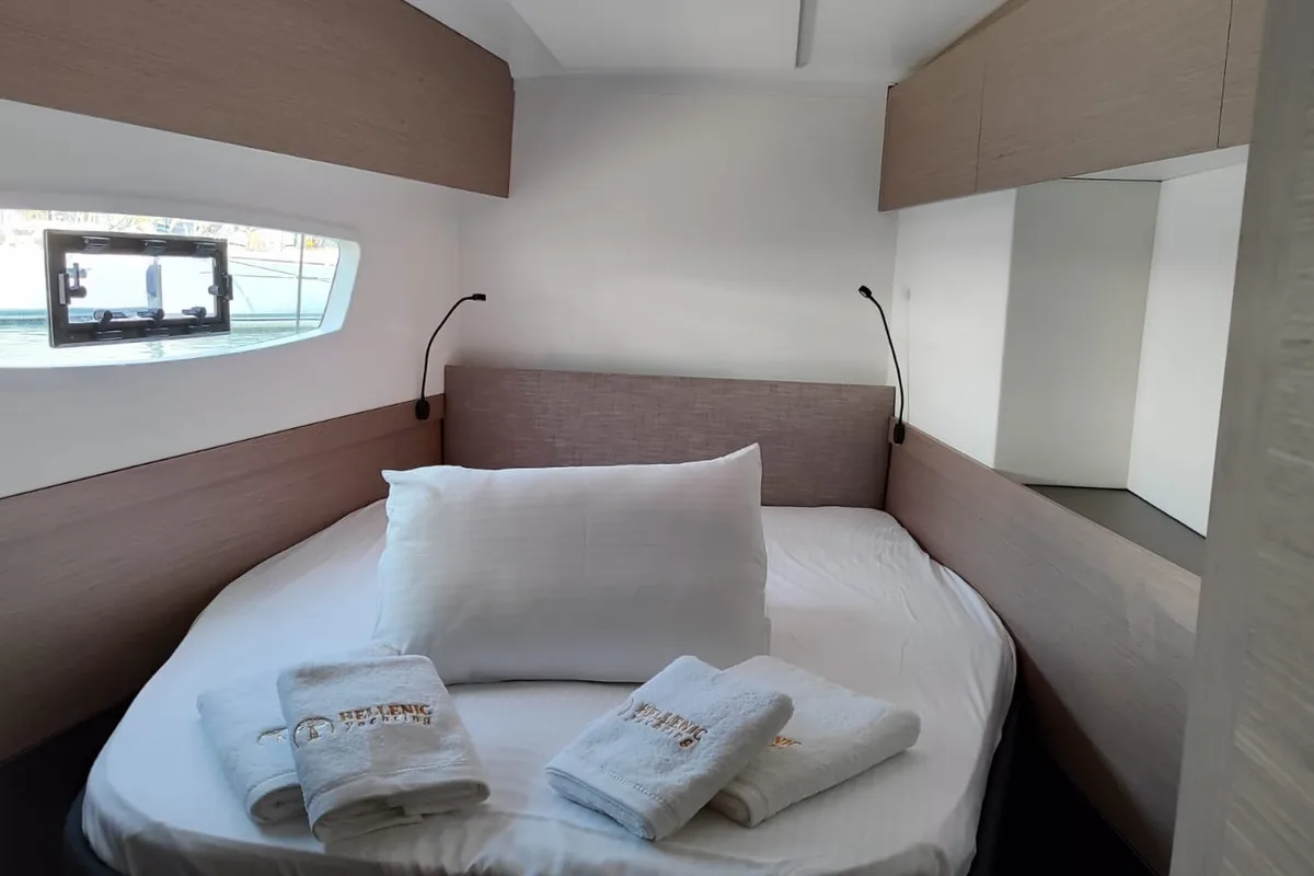 Cicada, a Fountaine Pajot Astrea 42 catamaran at Lavrion, Greece
