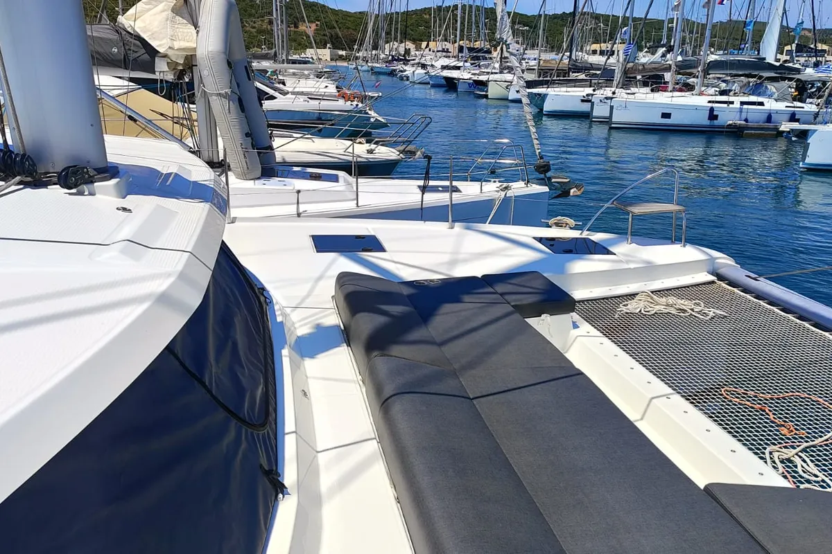 Cicada, a Fountaine Pajot Astrea 42 catamaran at Lavrion, Greece