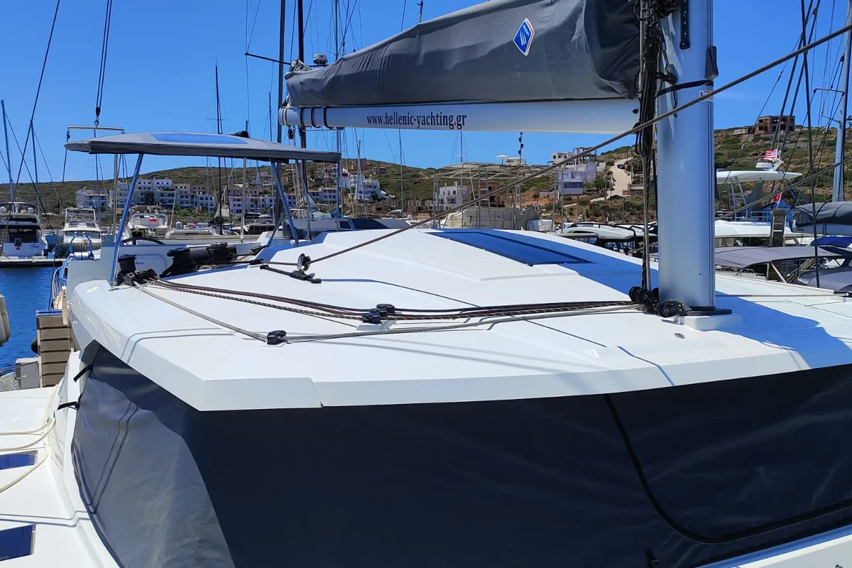 Cicada, a Fountaine Pajot Astrea 42 catamaran at Lavrion, Greece