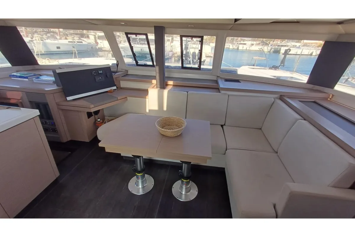 Cicada, a Fountaine Pajot Astrea 42 catamaran at Lavrion, Greece