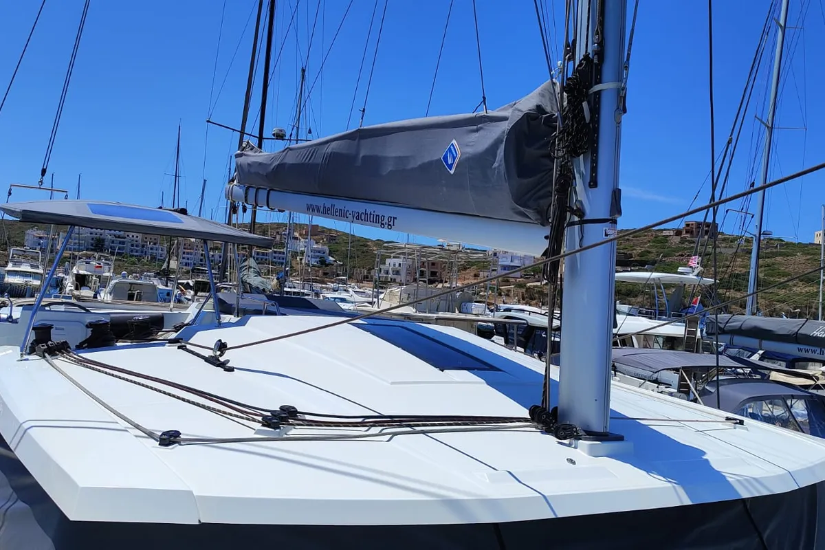 Cicada, a Fountaine Pajot Astrea 42 catamaran at Lavrion, Greece
