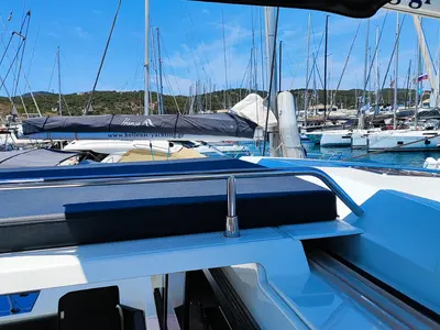 Deck of Cicada, a Fountaine Pajot Astrea 42 catamaran at Lavrion, Greece