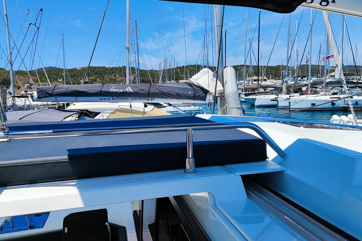 Cicada, a Fountaine Pajot Astrea 42 catamaran at Lavrion, Greece
