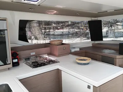 Galley of Cicada, a Fountaine Pajot Astrea 42 catamaran at Lavrion, Greece