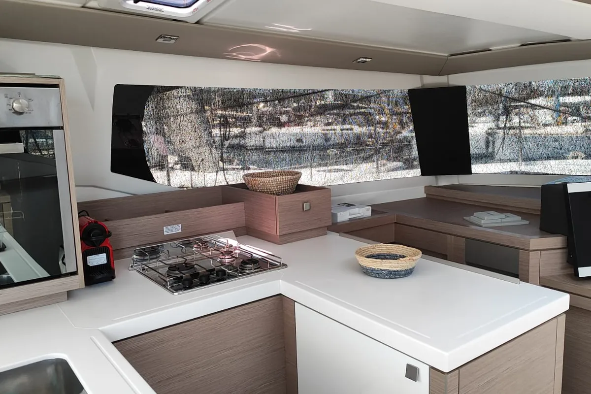 Cicada, a Fountaine Pajot Astrea 42 catamaran at Lavrion, Greece