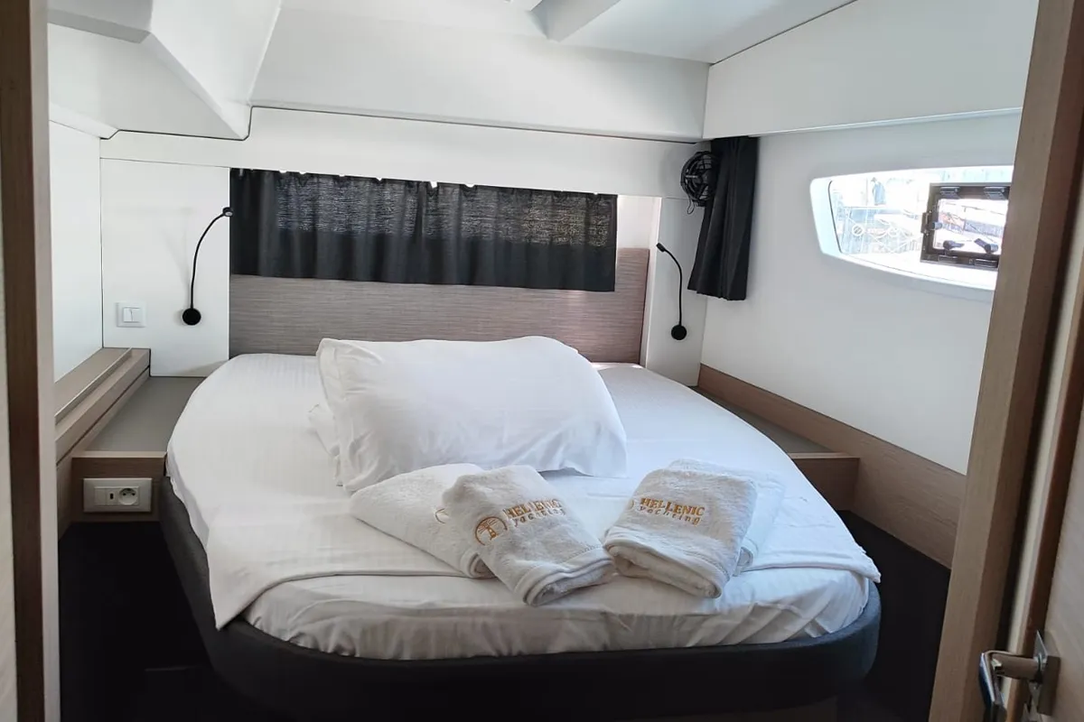 Cicada, a Fountaine Pajot Astrea 42 catamaran at Lavrion, Greece