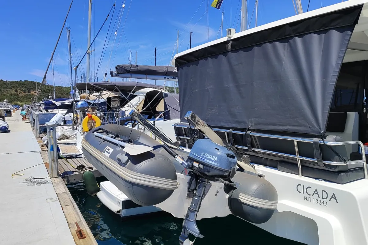 Cicada, a Fountaine Pajot Astrea 42 catamaran at Lavrion, Greece