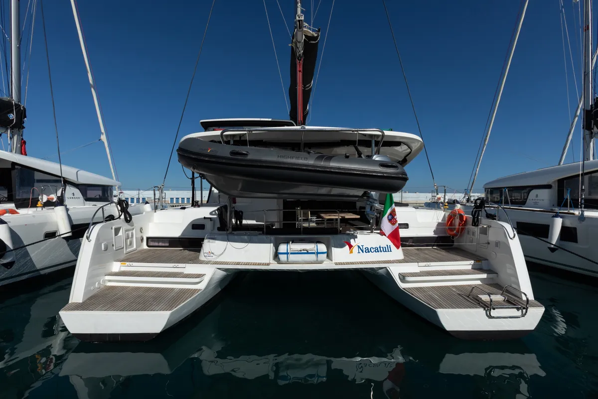 Exterior view of Nacatuli, a Lagoon 42 catamaran at Capo d'Orlando, Italy