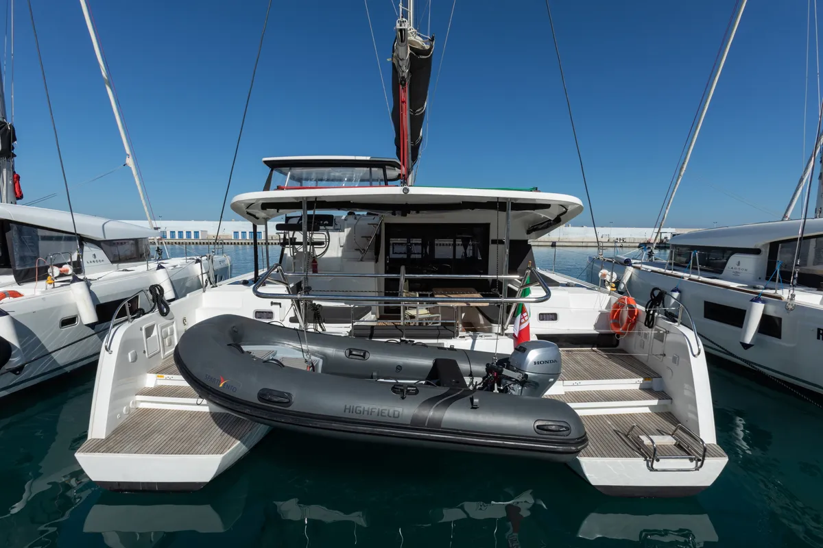 Exterior view of Nacatuli, a Lagoon 42 catamaran at Capo d'Orlando, Italy