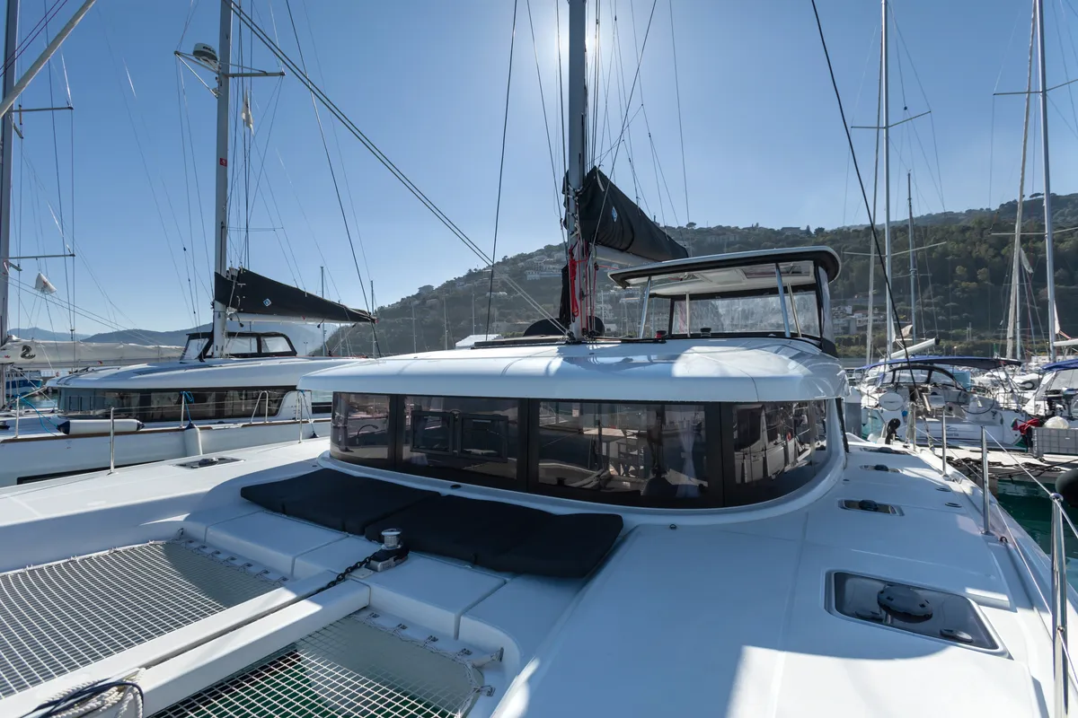 Deck of Nacatuli, a Lagoon 42 catamaran at Capo d'Orlando, Italy