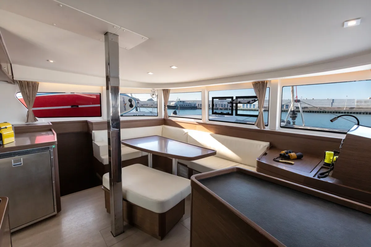 Salon of Nacatuli, a Lagoon 42 catamaran at Capo d'Orlando, Italy