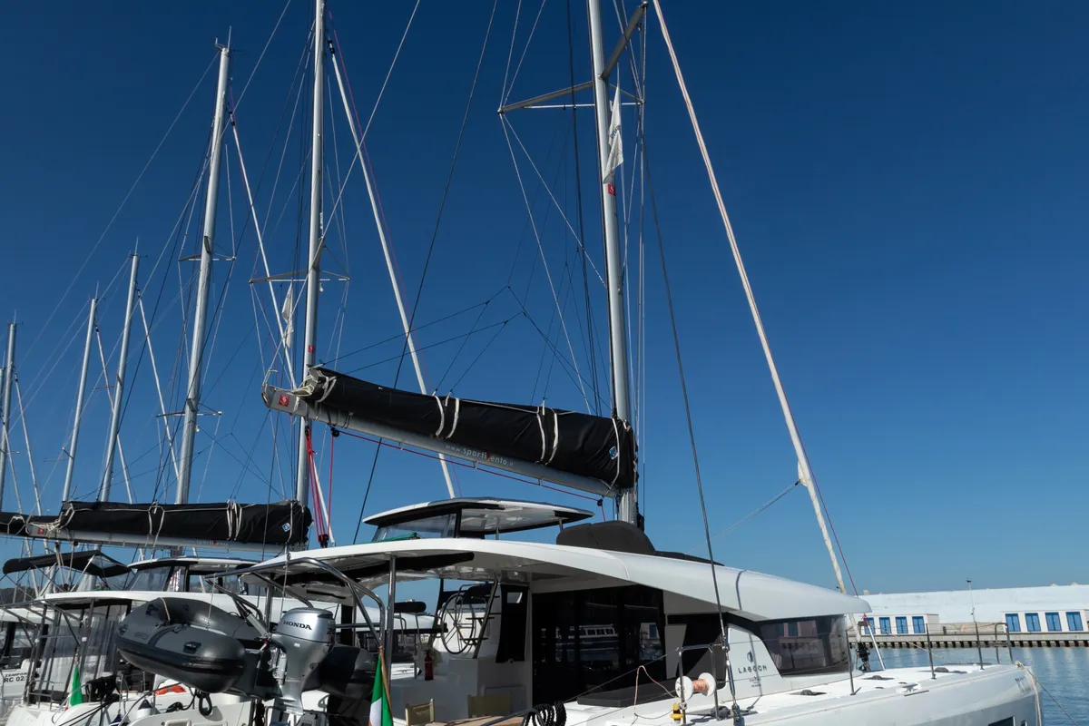 Exterior view of Nacatuli, a Lagoon 42 catamaran at Capo d'Orlando, Italy
