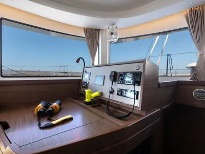Cockpit of Nacatuli, a Lagoon 42 catamaran at Capo d'Orlando, Italy