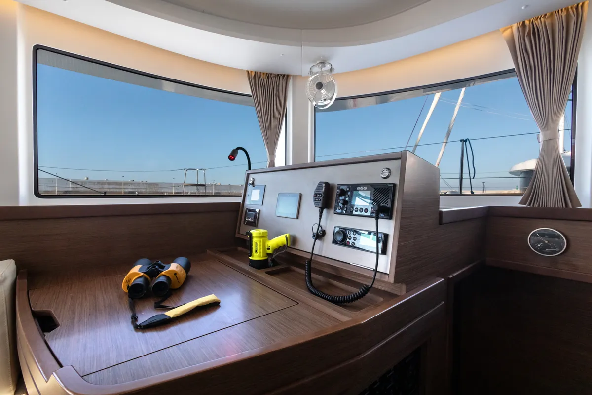Cockpit of Nacatuli, a Lagoon 42 catamaran at Capo d'Orlando, Italy