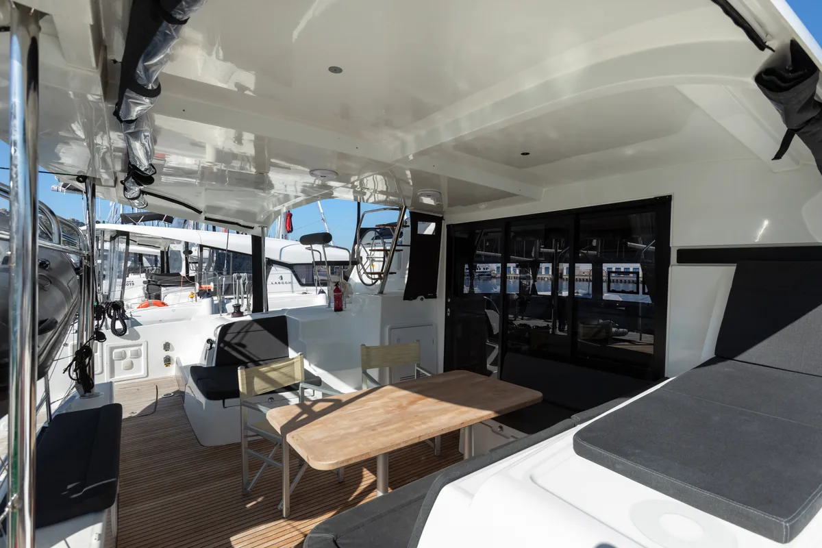 Deck of Nacatuli, a Lagoon 42 catamaran at Capo d'Orlando, Italy