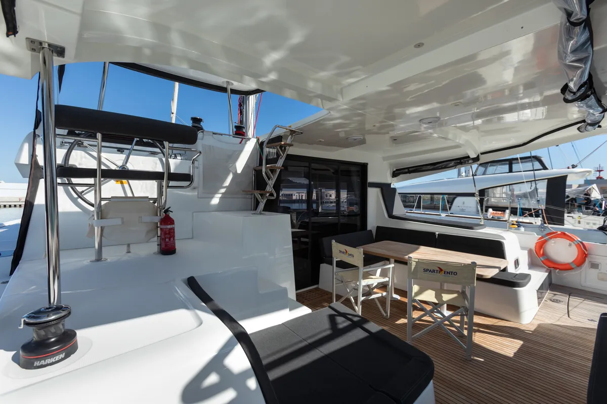 Deck of Nacatuli, a Lagoon 42 catamaran at Capo d'Orlando, Italy