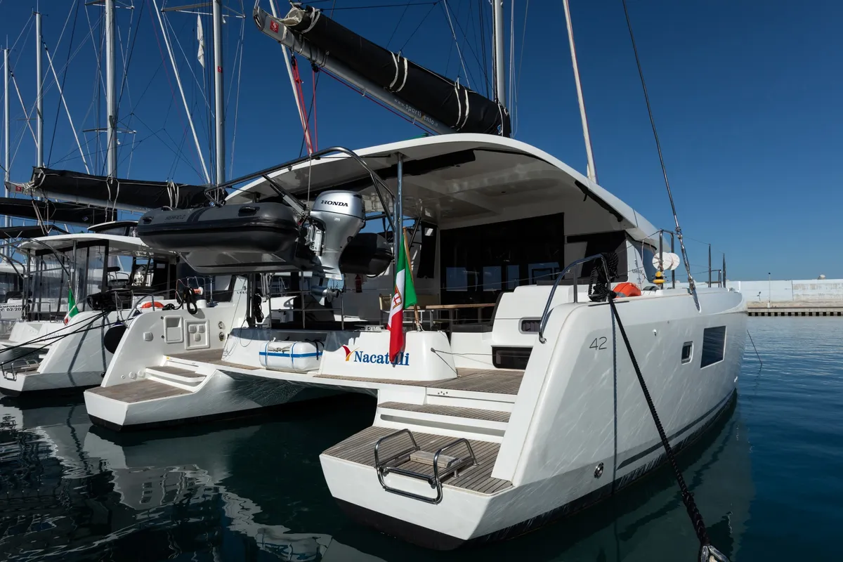 Exterior view of Nacatuli, a Lagoon 42 catamaran at Capo d'Orlando, Italy