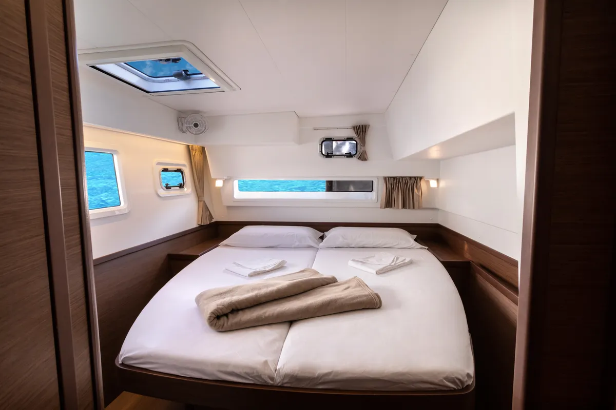 Cabin on Nacatuli, a Lagoon 42 catamaran at Capo d'Orlando, Italy