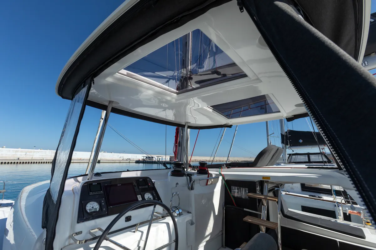 Cockpit of Nacatuli, a Lagoon 42 catamaran at Capo d'Orlando, Italy