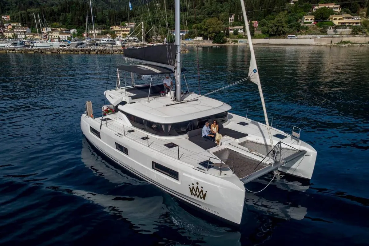 Exterior view of Our Dream, a Lagoon 46 catamaran at Palairos, Greece