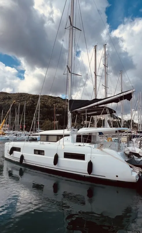 Exterior view of Our Dream, a Lagoon 46 catamaran at Palairos, Greece