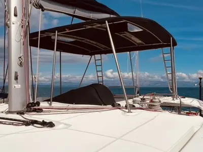 Deck of Our Dream, a Lagoon 46 catamaran at Palairos, Greece