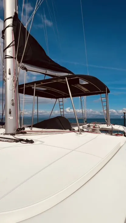 Deck of Our Dream, a Lagoon 46 catamaran at Palairos, Greece