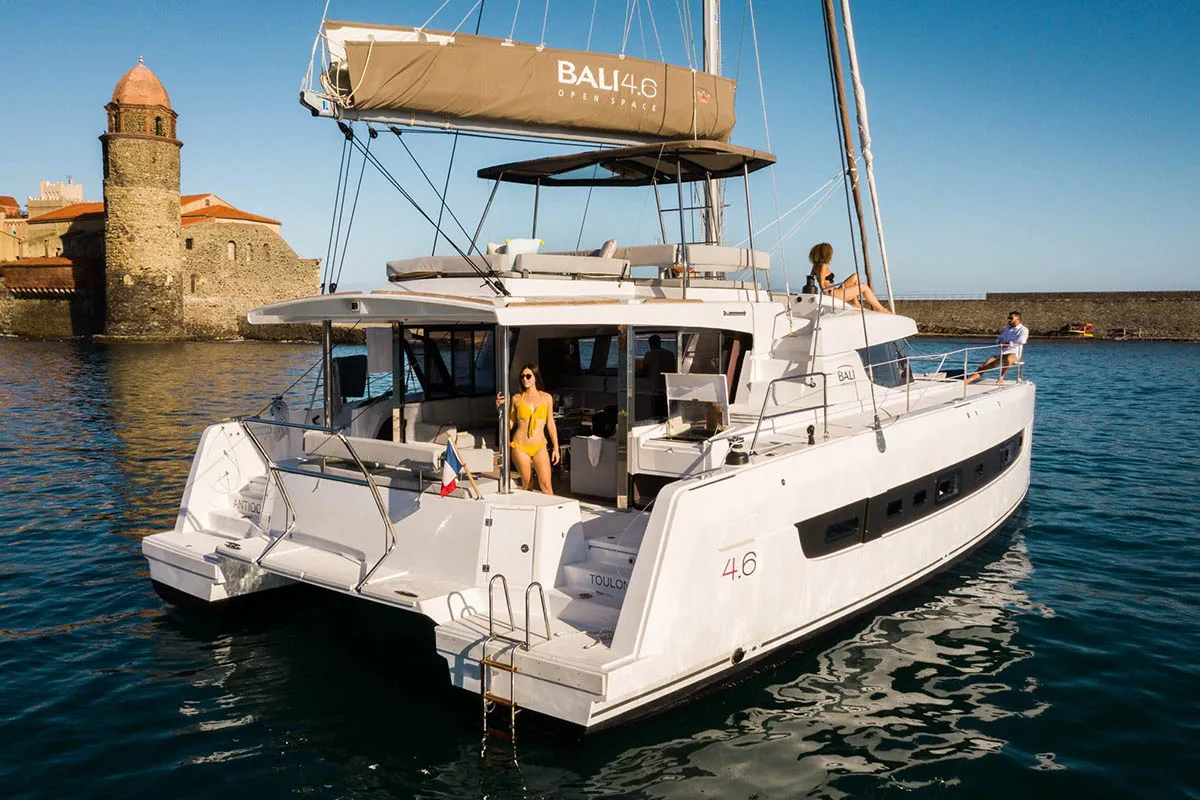 Exterior view of THOBABEN, a Bali 4.6 catamaran at Central Abaco, Bahamas