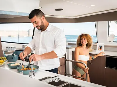 Galley of THOBABEN, a Bali 4.6 catamaran at Central Abaco, Bahamas