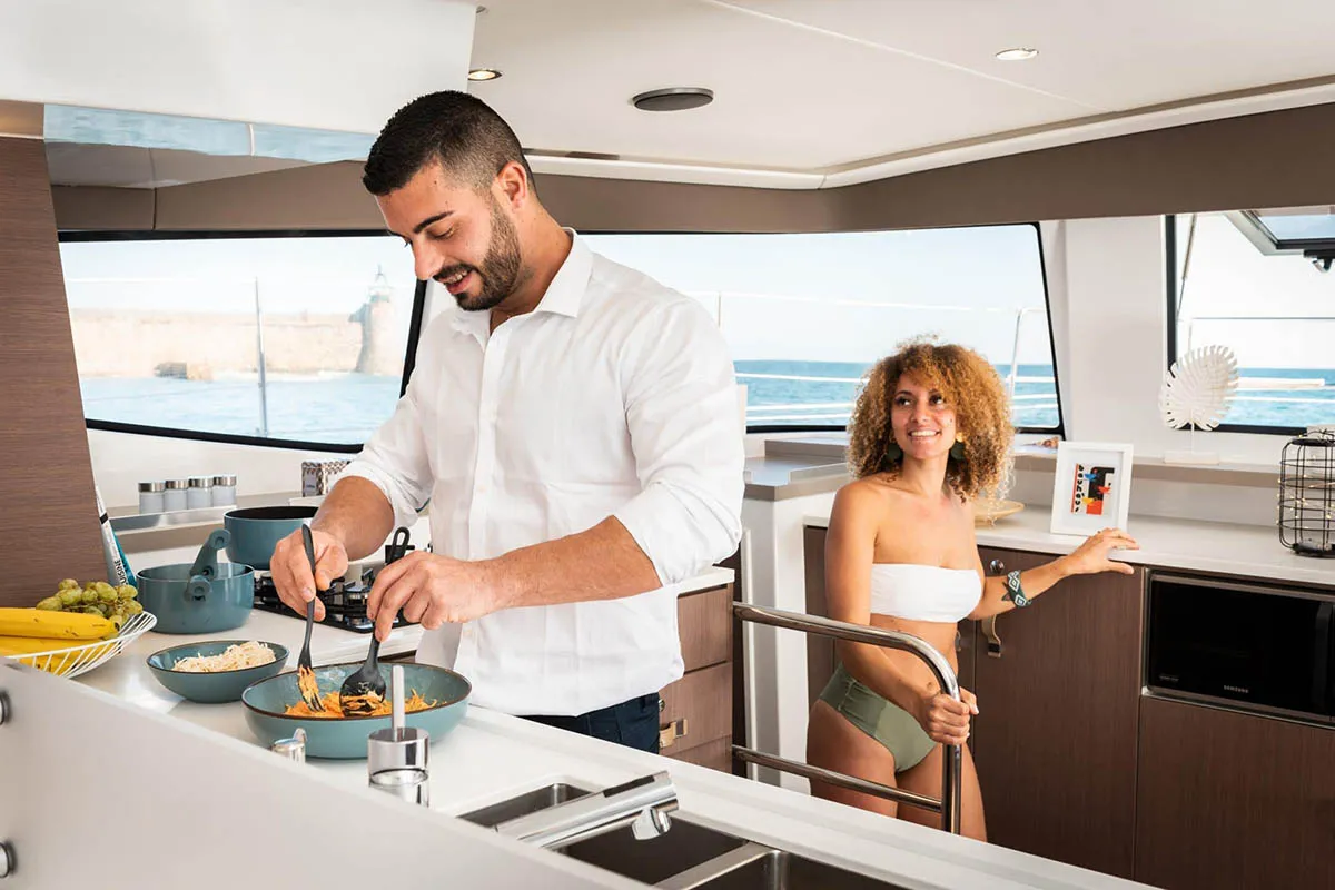 Galley of THOBABEN, a Bali 4.6 catamaran at Central Abaco, Bahamas