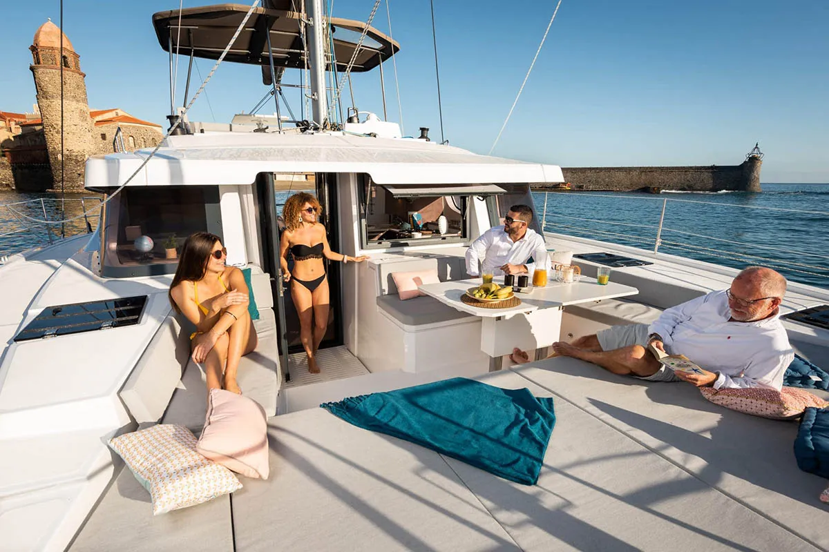Deck of THOBABEN, a Bali 4.6 catamaran at Central Abaco, Bahamas