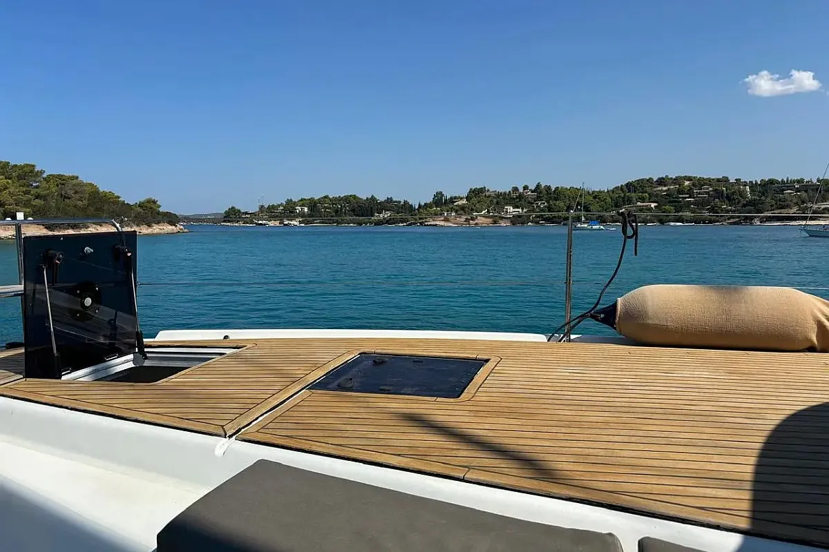Deck of CEL, a Lagoon 50 catamaran at Piraeus, Greece