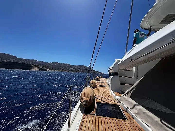 Deck of CEL, a Lagoon 50 catamaran at Piraeus, Greece