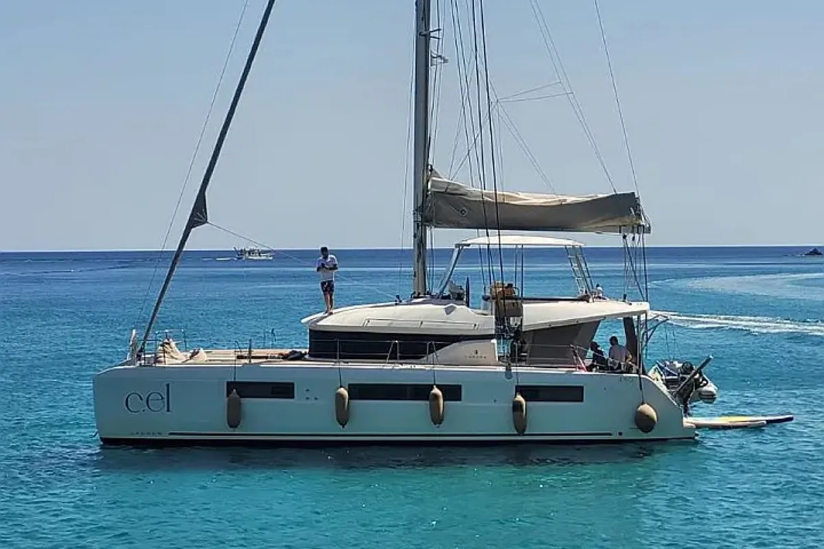 Exterior view of CEL, a Lagoon 50 catamaran at Piraeus, Greece