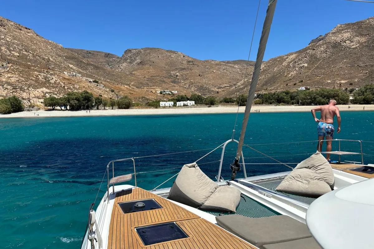 Deck of CEL, a Lagoon 50 catamaran at Piraeus, Greece