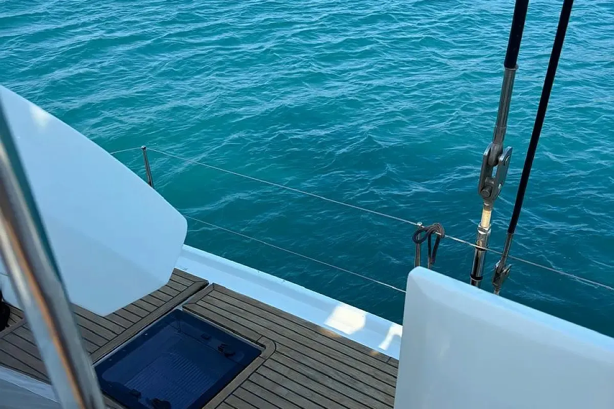 Deck of CEL, a Lagoon 50 catamaran at Piraeus, Greece