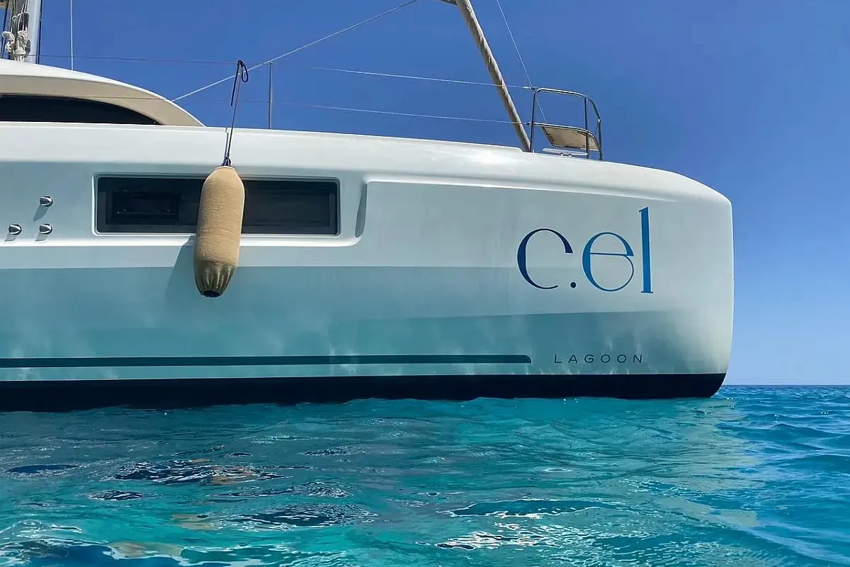 Exterior view of CEL, a Lagoon 50 catamaran at Piraeus, Greece